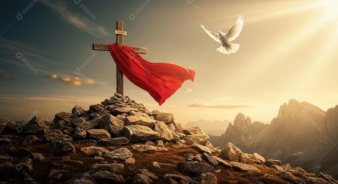 Sepulcro de pedras com cruz e lenço vermelho ressurreição de cristo