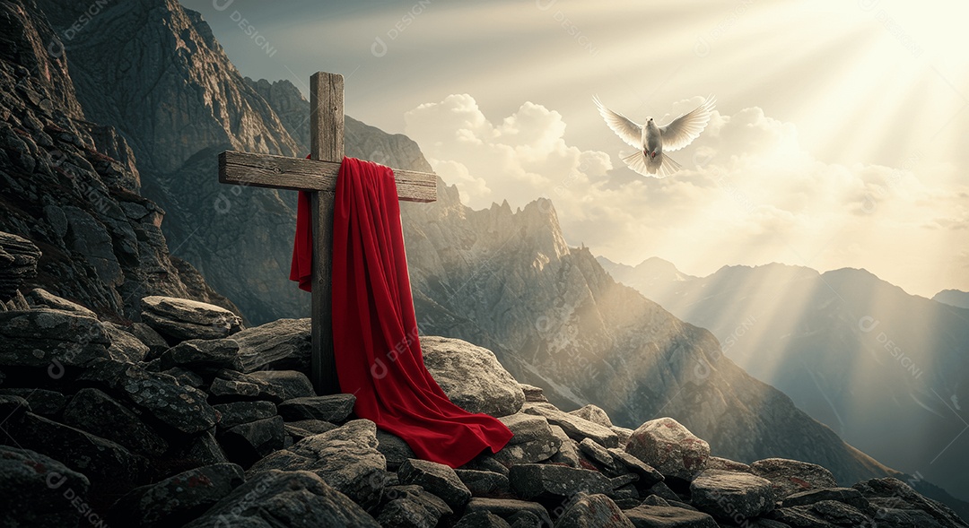 Sepulcro de pedras com cruz e lenço vermelho ressurreição de cristo