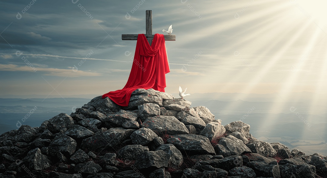 Sepulcro de pedras com cruz e lenço vermelho ressurreição de cristo