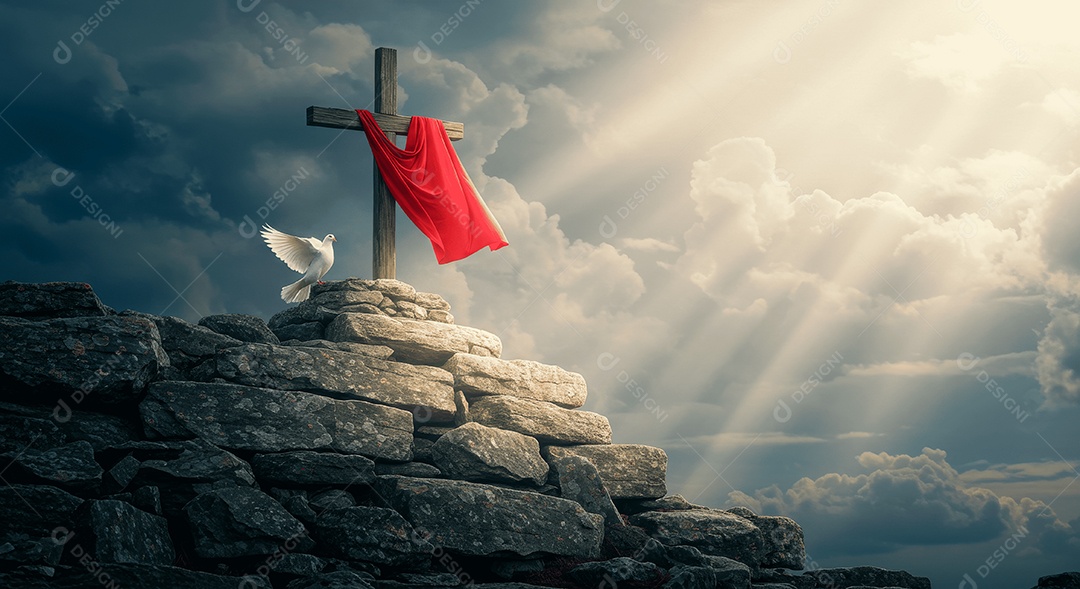 Morro de pedra com cruz e lenço e pomba da paz