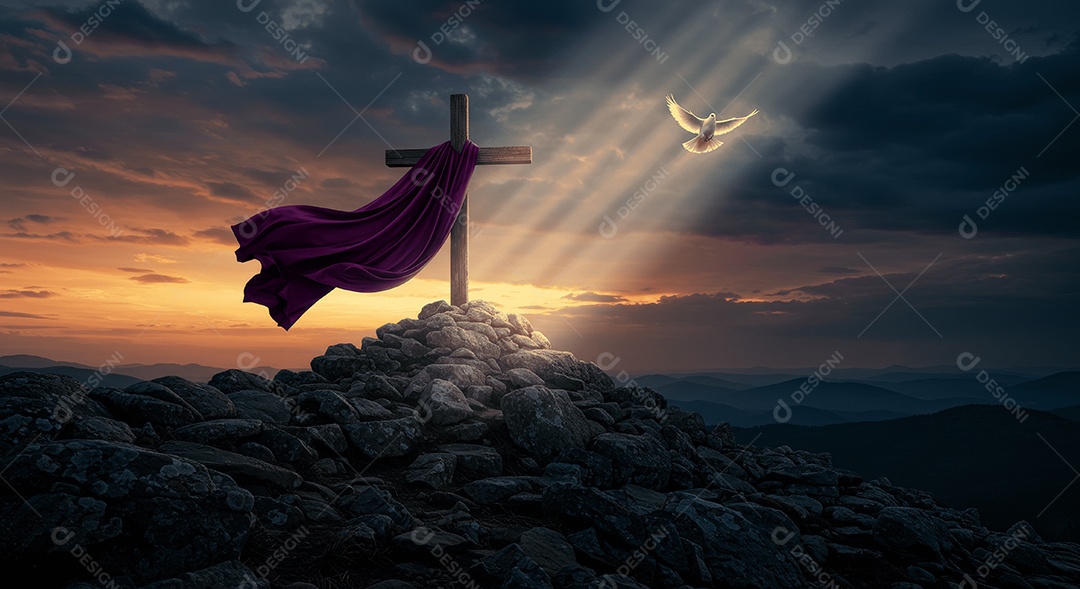 Morro de pedra com cruz e lenço e pomba da paz