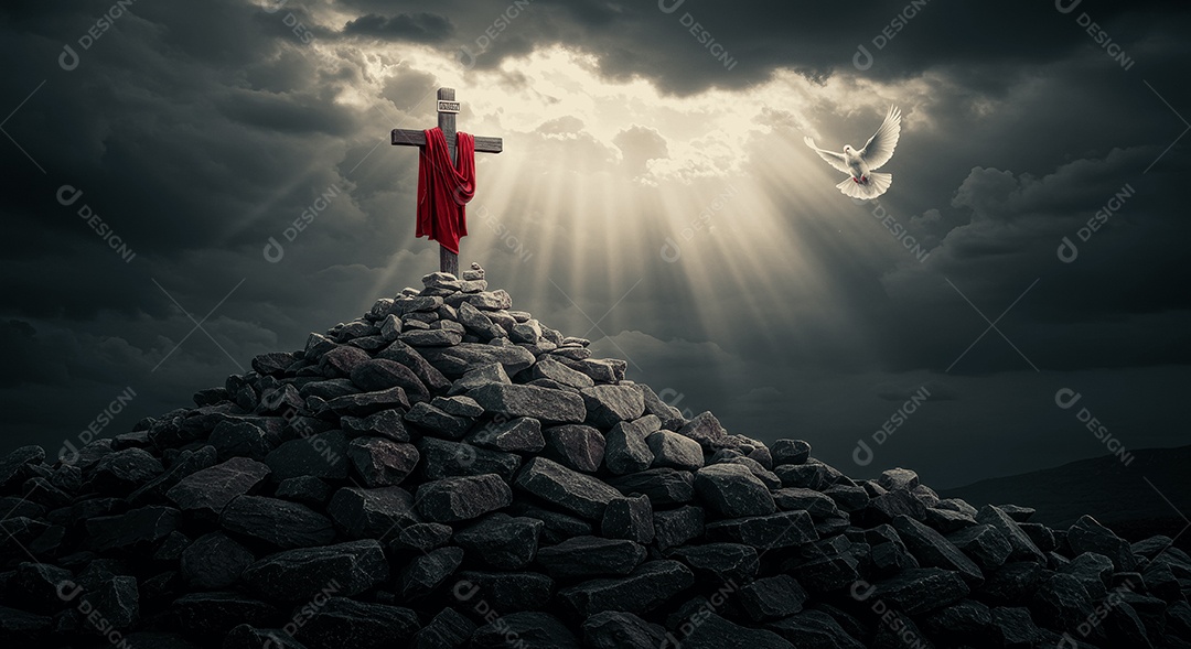 Morro de pedra com cruz e lenço e pomba da paz