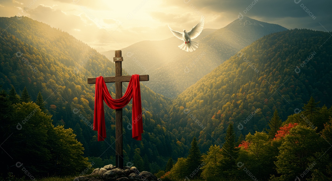 Morro com cruz e lenço pomba da paz ressurreição de cristo