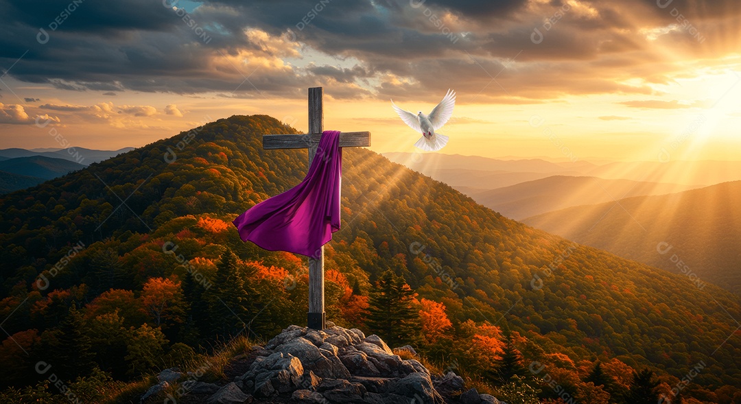 Cruz com um lenço e pomba morros cheio de árvores ressurreição de cristo
