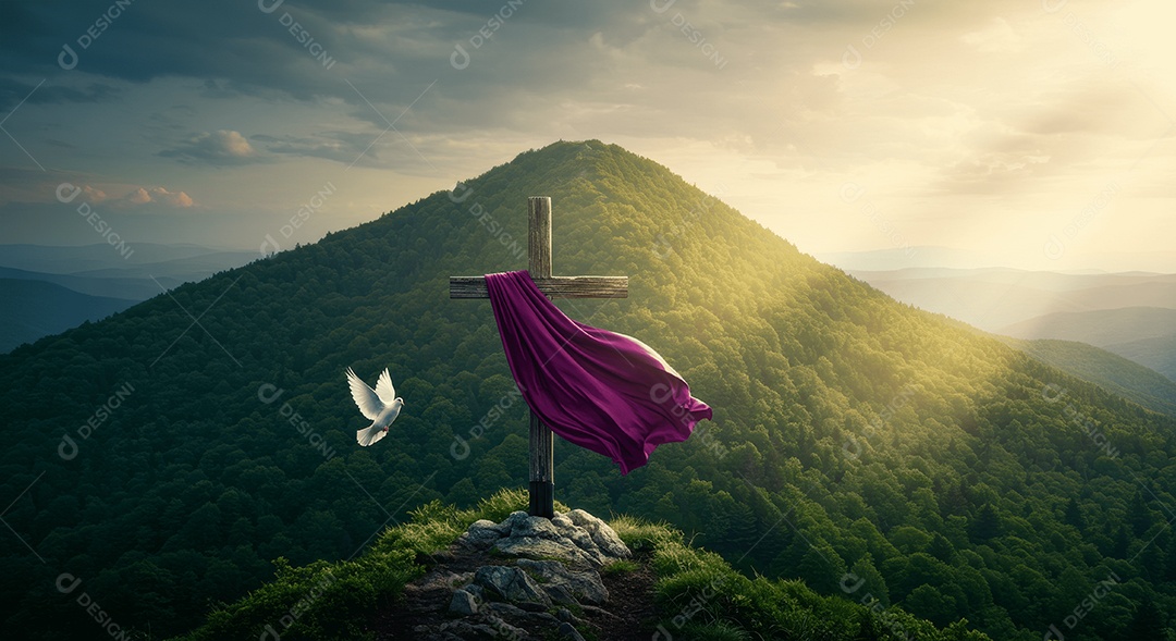 Morro com cruz e lenço pomba da paz ressurreição de cristo