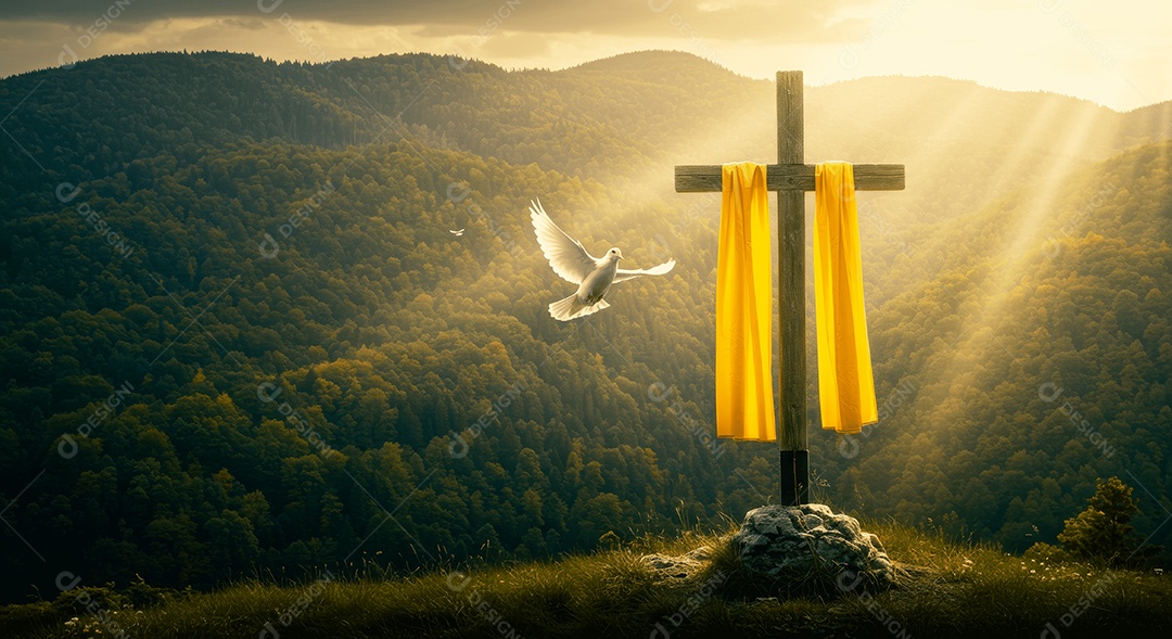 Morro com cruz e lenço pomba da paz ressurreição de cristo