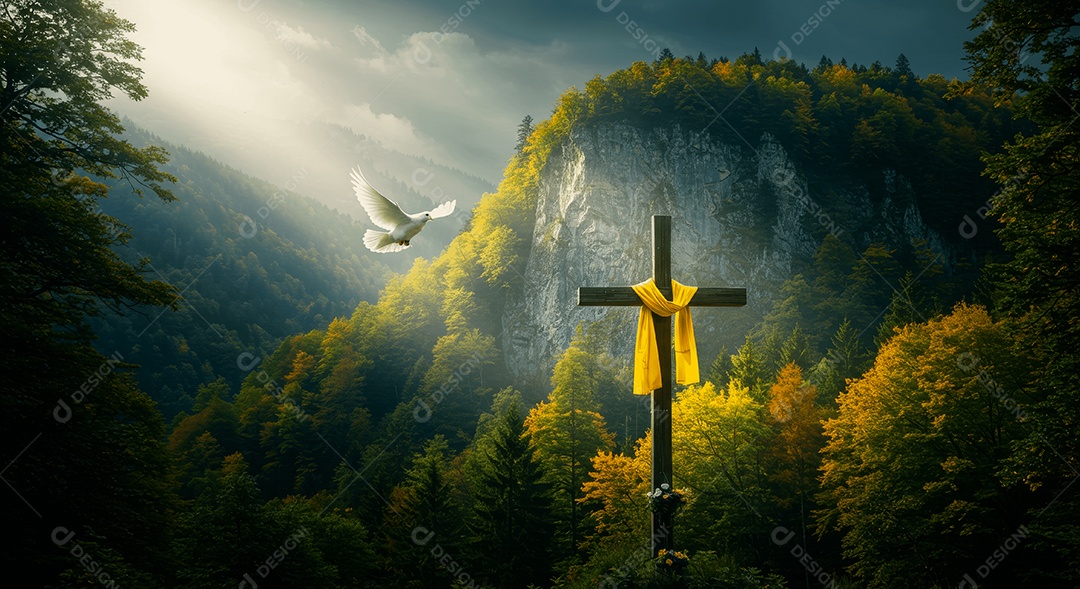 Pomba da paz com cruz e lenço em uma floresta
