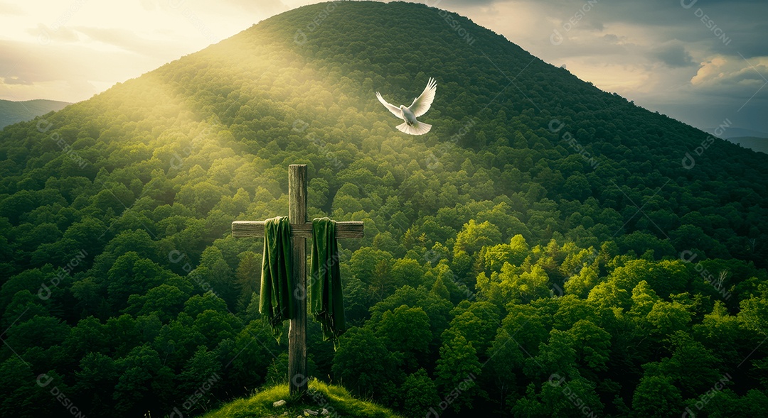 Pomba da paz com cruz e lenço em uma floresta