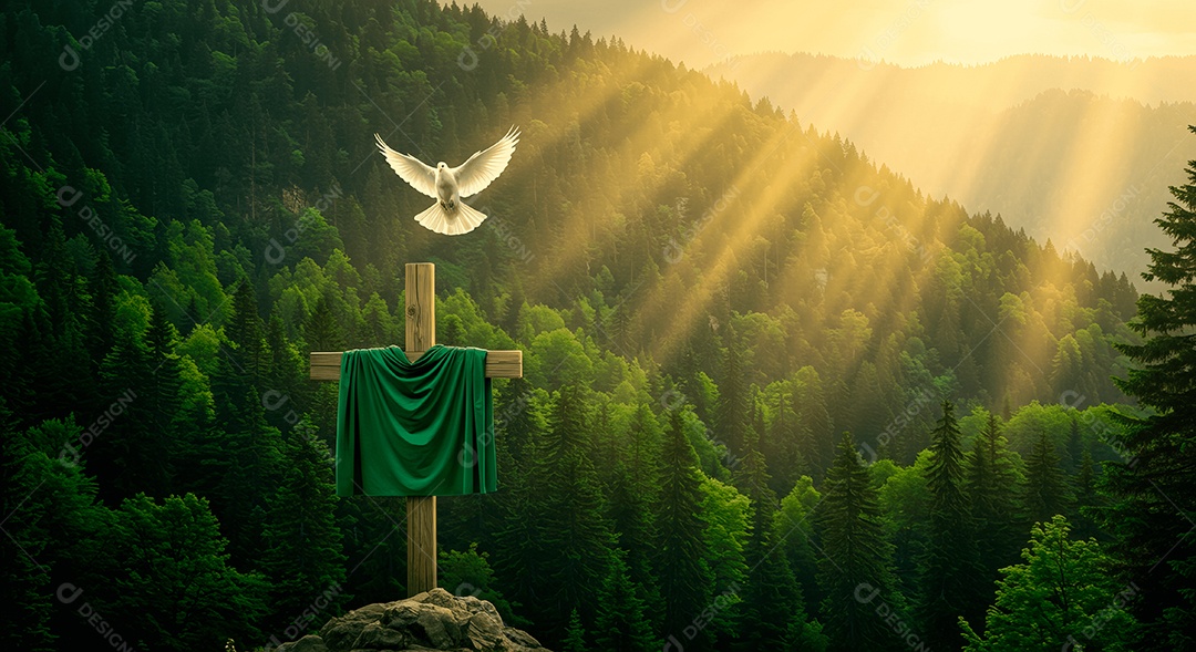Pomba da paz com cruz e lenço em uma floresta