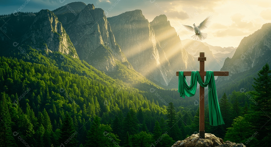 Morro com cruz e lenço pomba da paz ressurreição de cristo