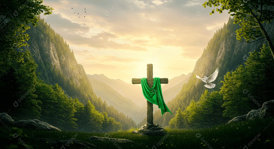 Floresta com lenço e pomba da paz em morros verde