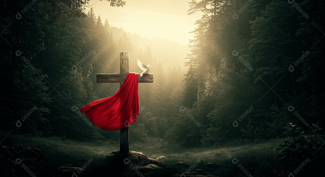 Cruz em uma floresta com lenço e pomba na cruz ressurreição de cristo