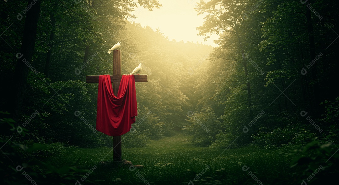 Floresta com cruz e lenço e pomba da paz ressurreição de cristo