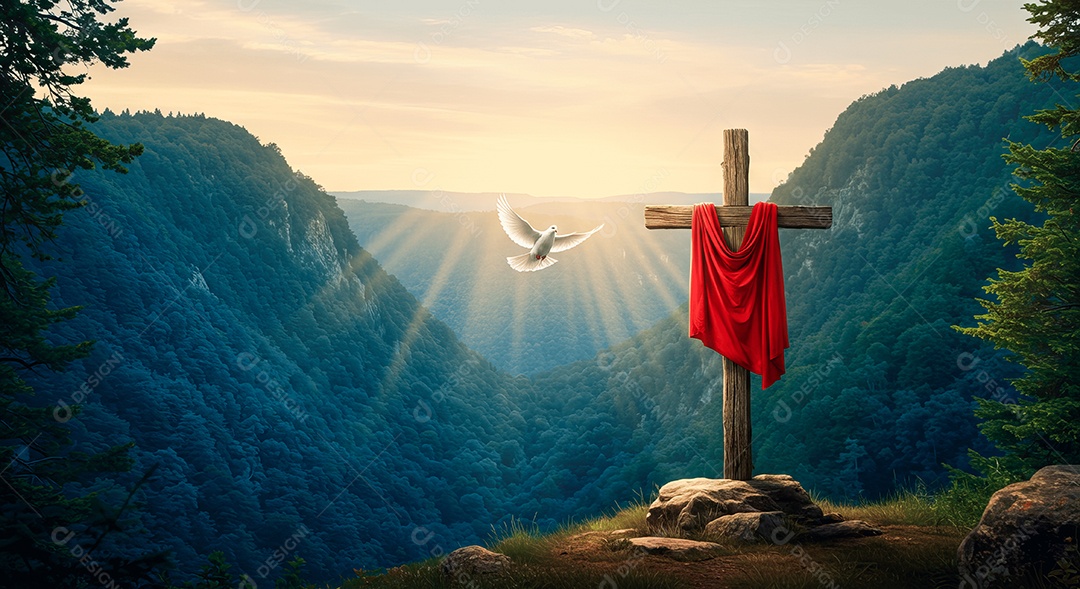 Vista de morros com cruz e lenço pomba da paz ressurreição de cristo