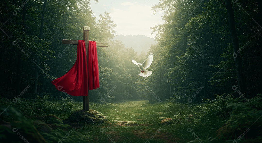 Floresta com cruz e lenço e pomba da paz ressurreição de cristo