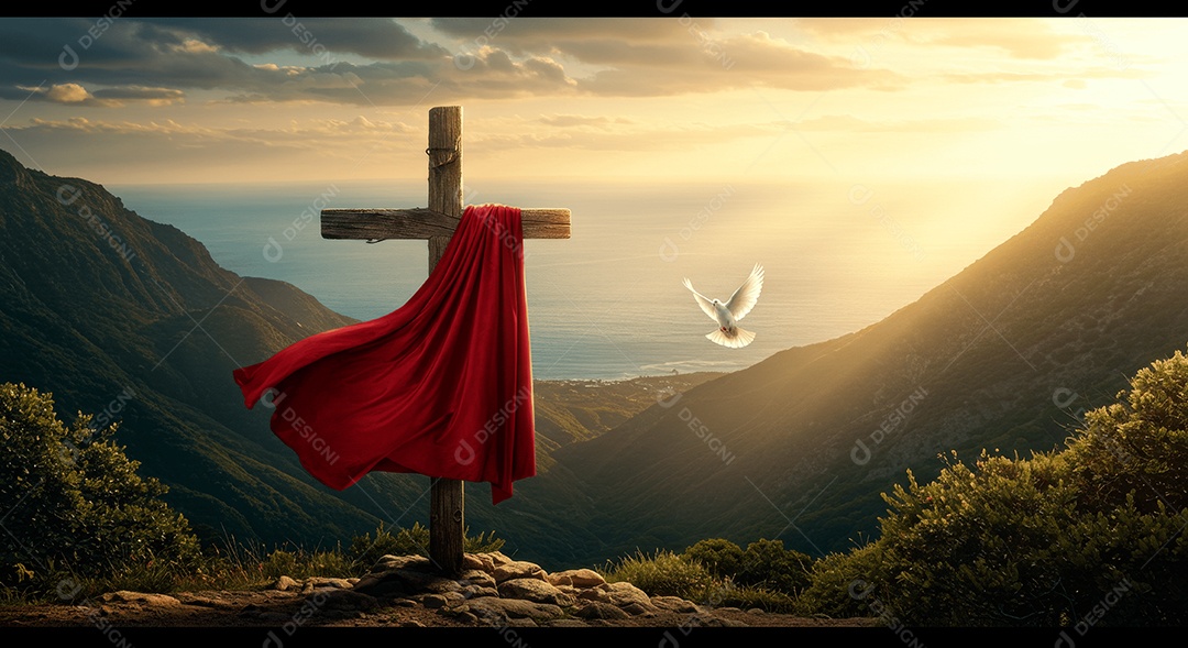 Morro com cruz e lenço pomba da paz ressurreição de cristo