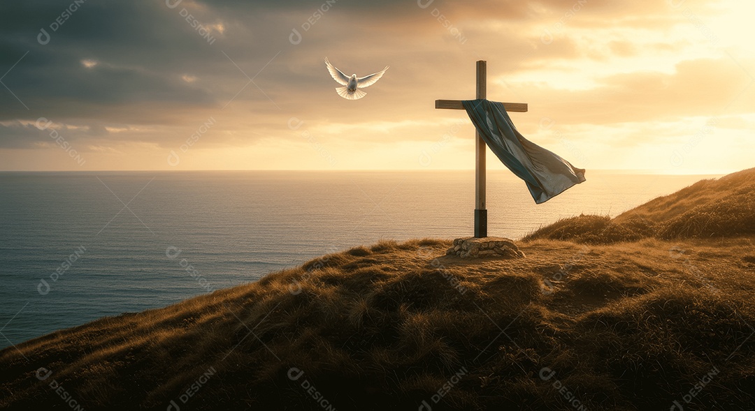 Morro com cruz e lenço pomba da paz ressurreição de cristo