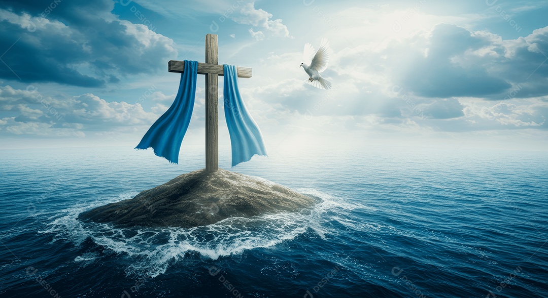 Uma mini ilha no mar com cruz e uma pomba ressurreição de cristo