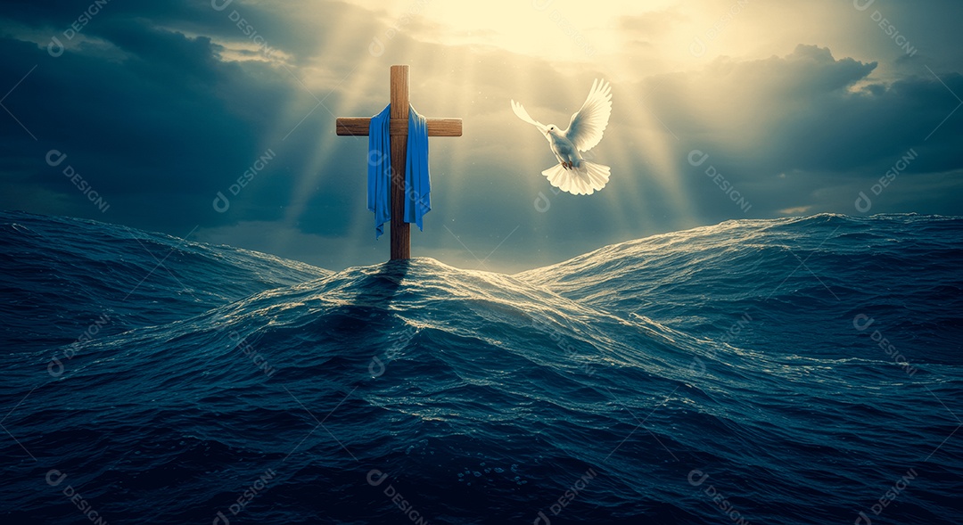 Mar com uma cruz e lenço e pomba ressurreição de cristo