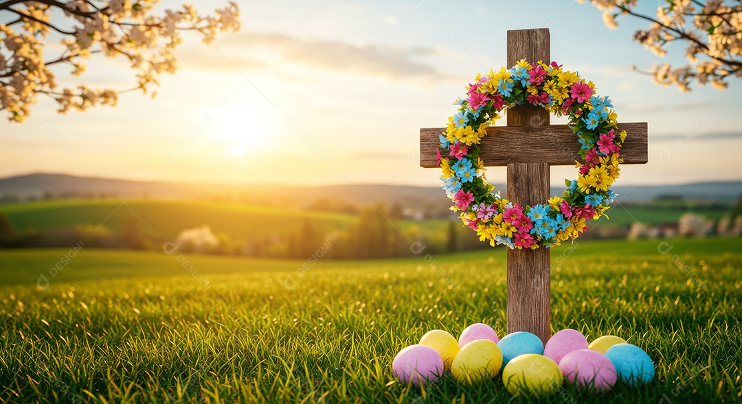 Cruz com coroa de rosas e ovos coloridos simbolizando ressureição de cristo