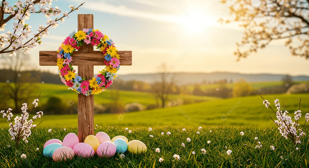 Cruz com coroa de rosas e ovos coloridos simbolizando ressureição de cristo