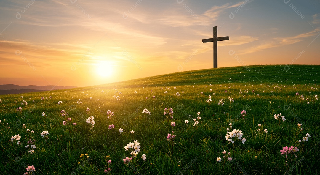 Campo com pequenas rosas e uma cruz simbolizando ressurreição de cristo