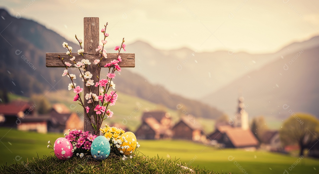 Cruz em um campo e ovos ressurreição de cristo