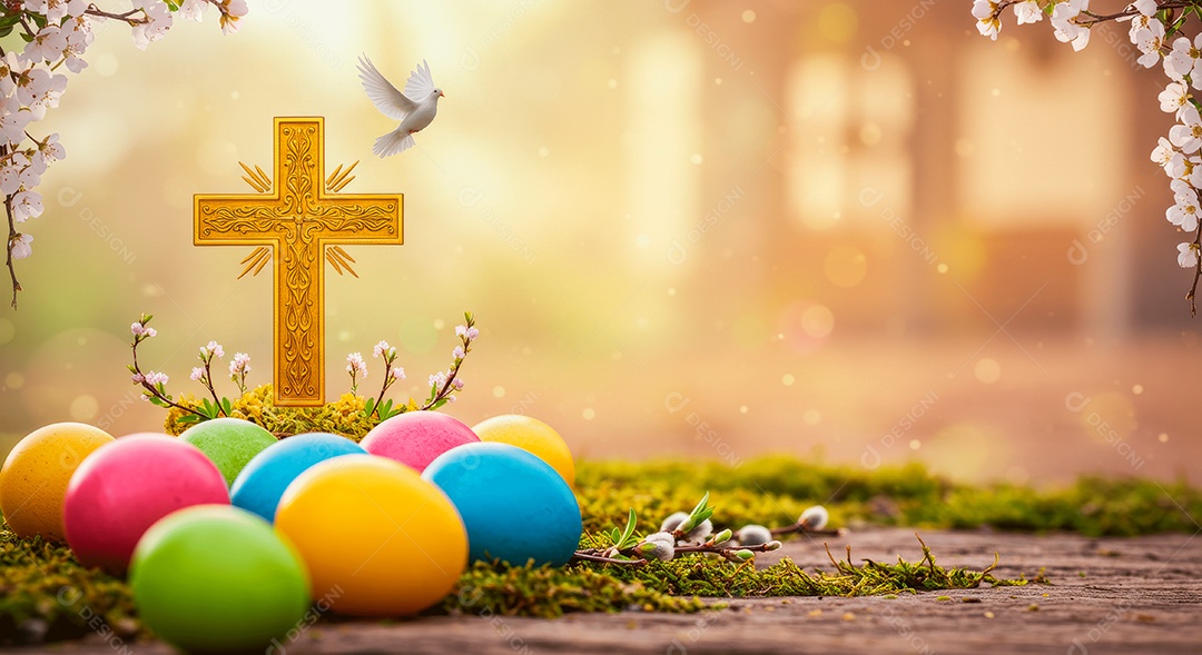 Cruz com flores e ovos de páscoa ressurreição de cristo
