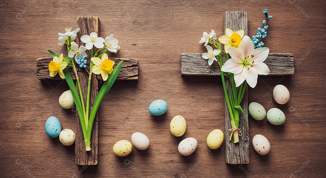 Cruz com mini buquê de flores e ovos de páscoa ressurreição de cristo