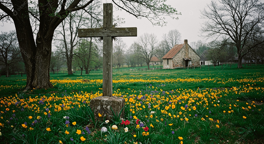 Igreja em um lindo bosque florido e cruz ressurreição de cristo