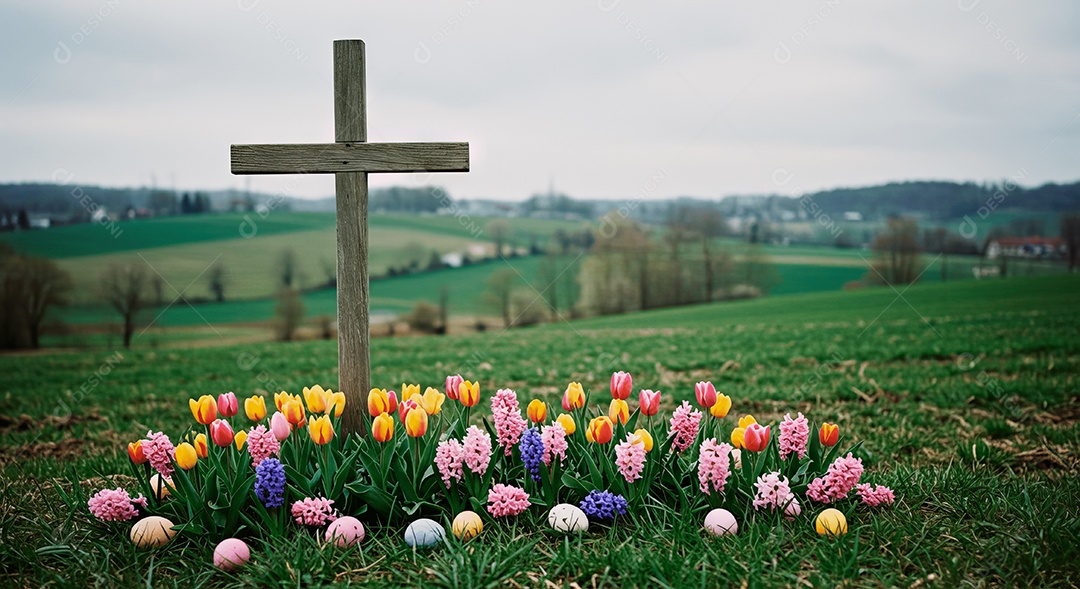 Cruz no campo de flores ressurreição de cristo