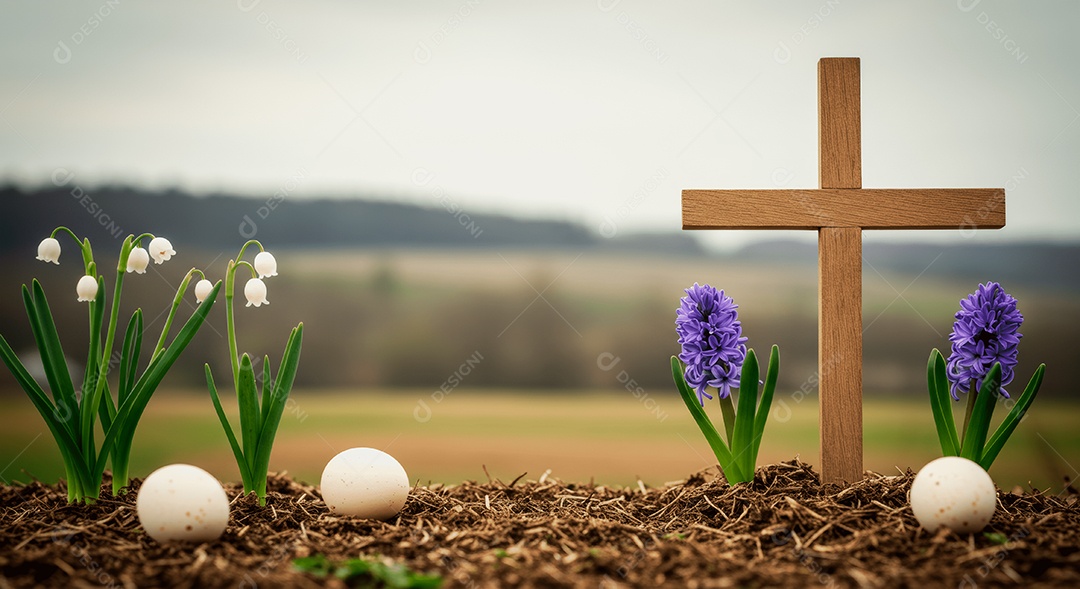 Campo com cruz e flores ressurreição de cristo