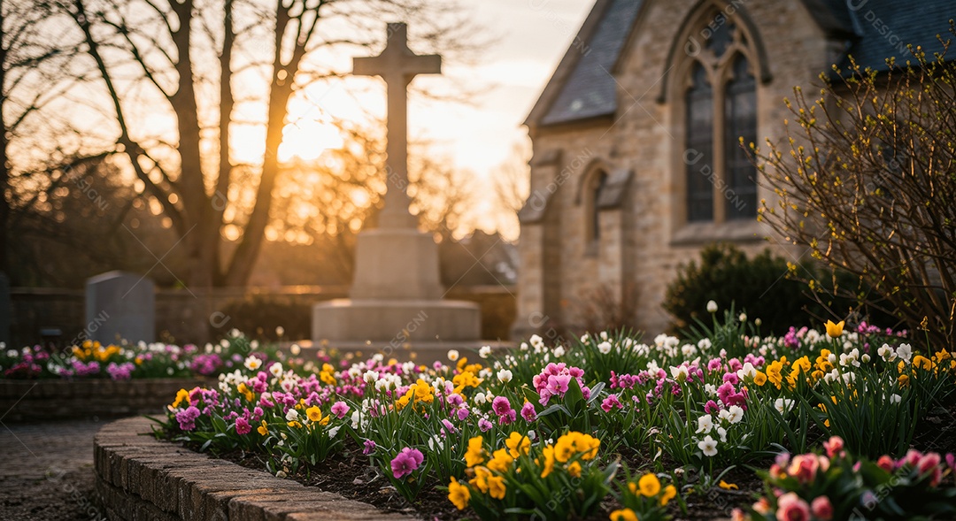 Igreja com um lindo jardim e cruz ressurreição de cristo