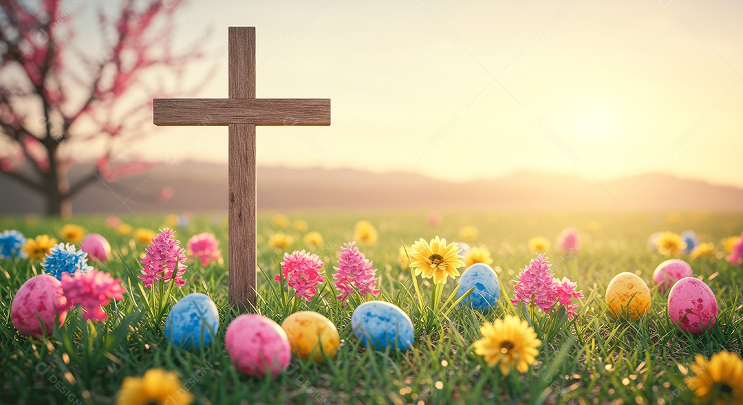 Campo com flores e cruz simbolizando ressurreição de cristo