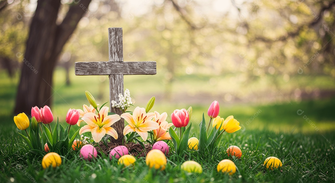 Campo de flores e cruz ressurreição de cristo