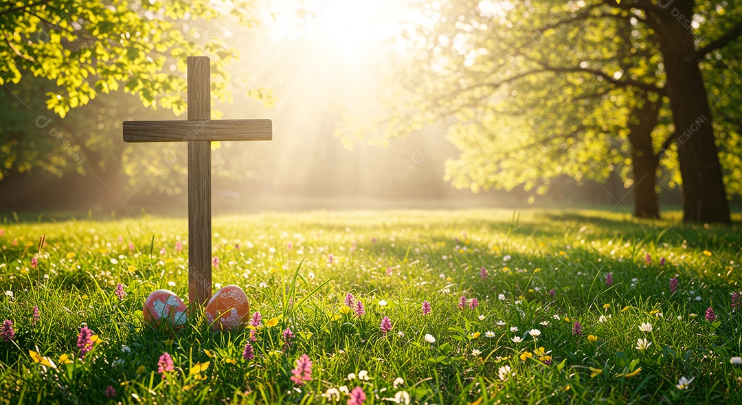 Ressurreição de cristo cruz em um campo florido