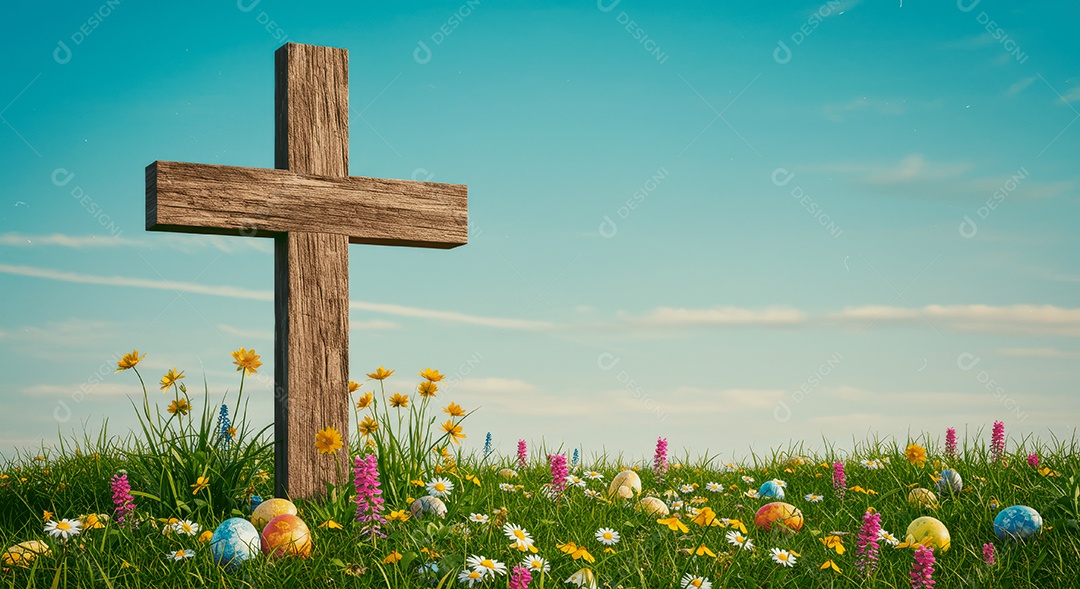 Ressurreição de cristocruz em um campo florido