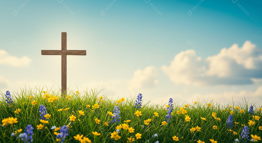 Cruz em um campo de flores ressurreição de cristo