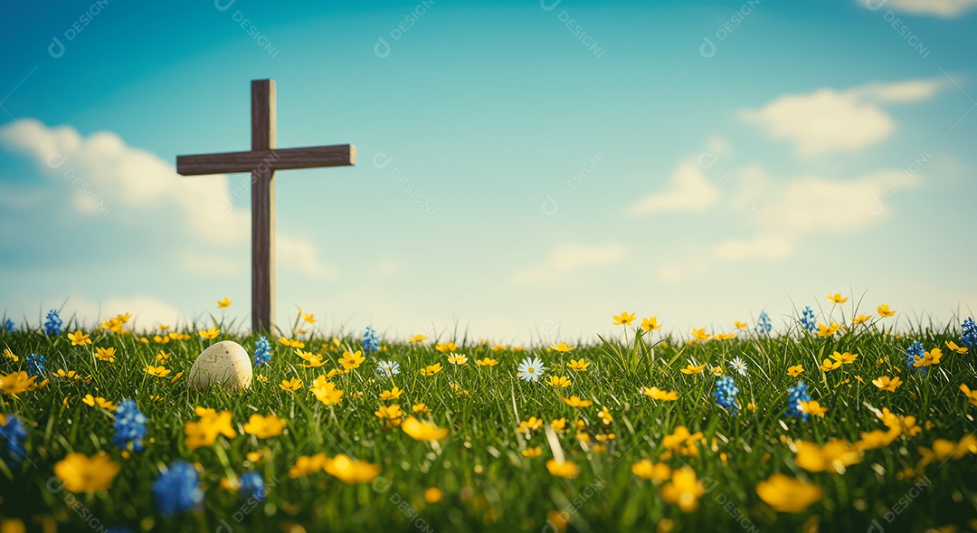 Campo com flores e cruz simbolizando ressurreição de cristo