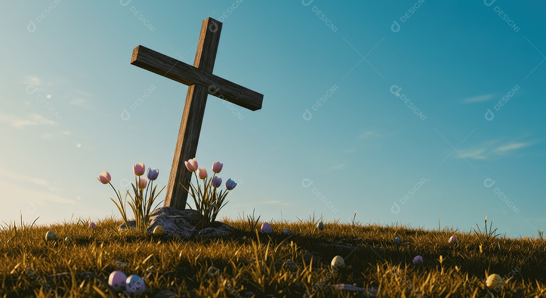 Campo com cruz e flores contra céu azul