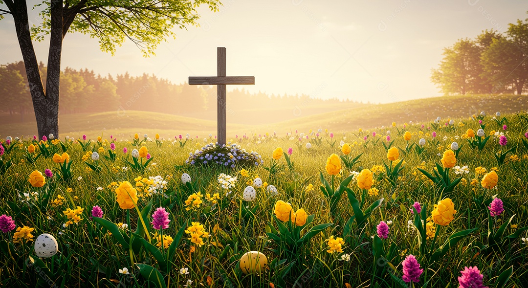 Campo com flores e cruz simbolizando ressurreição de cristo