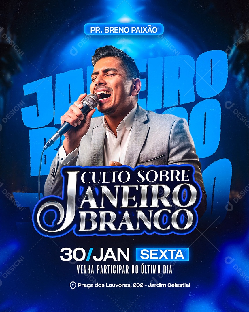 Flyer Gospel Culto Sobre Janeiro Branco Social Media PSD Editável