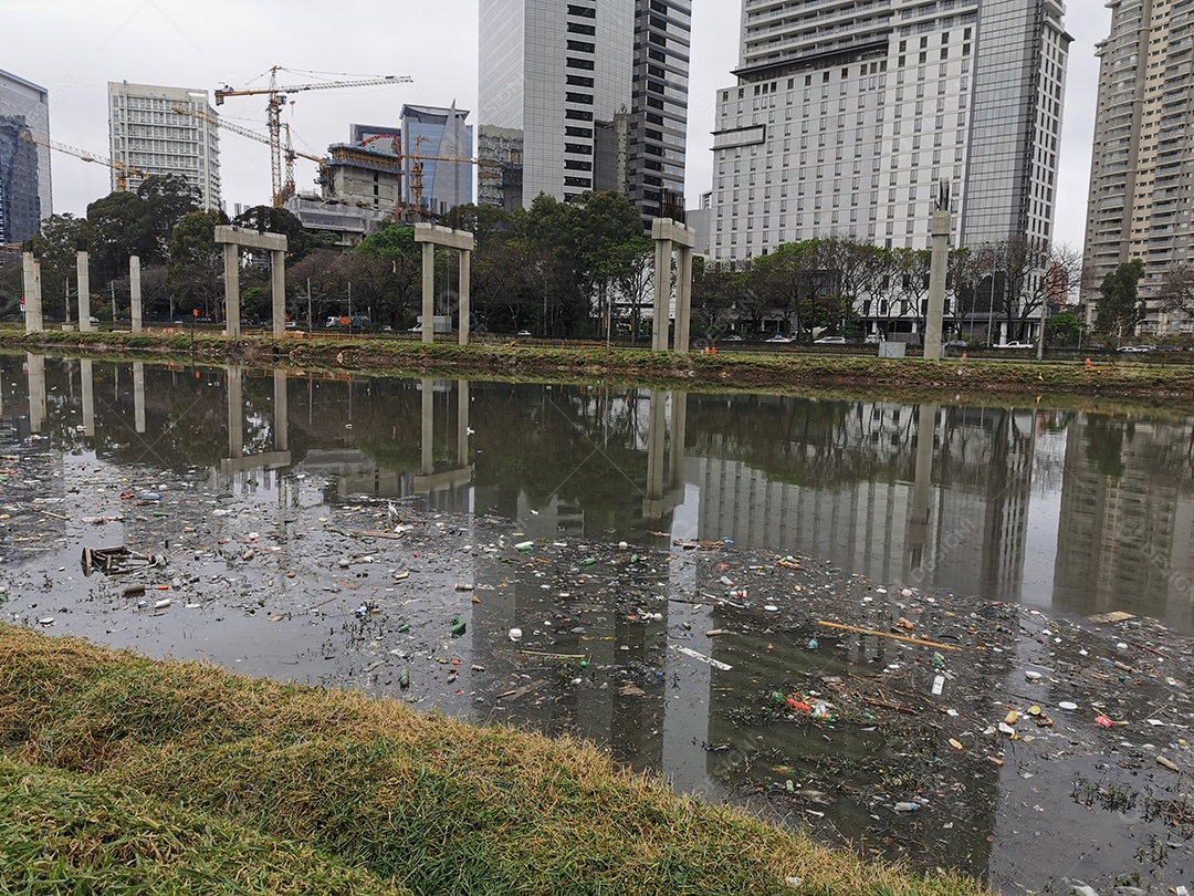 Lixo e poluição e destruição às margens do rio pinheiros