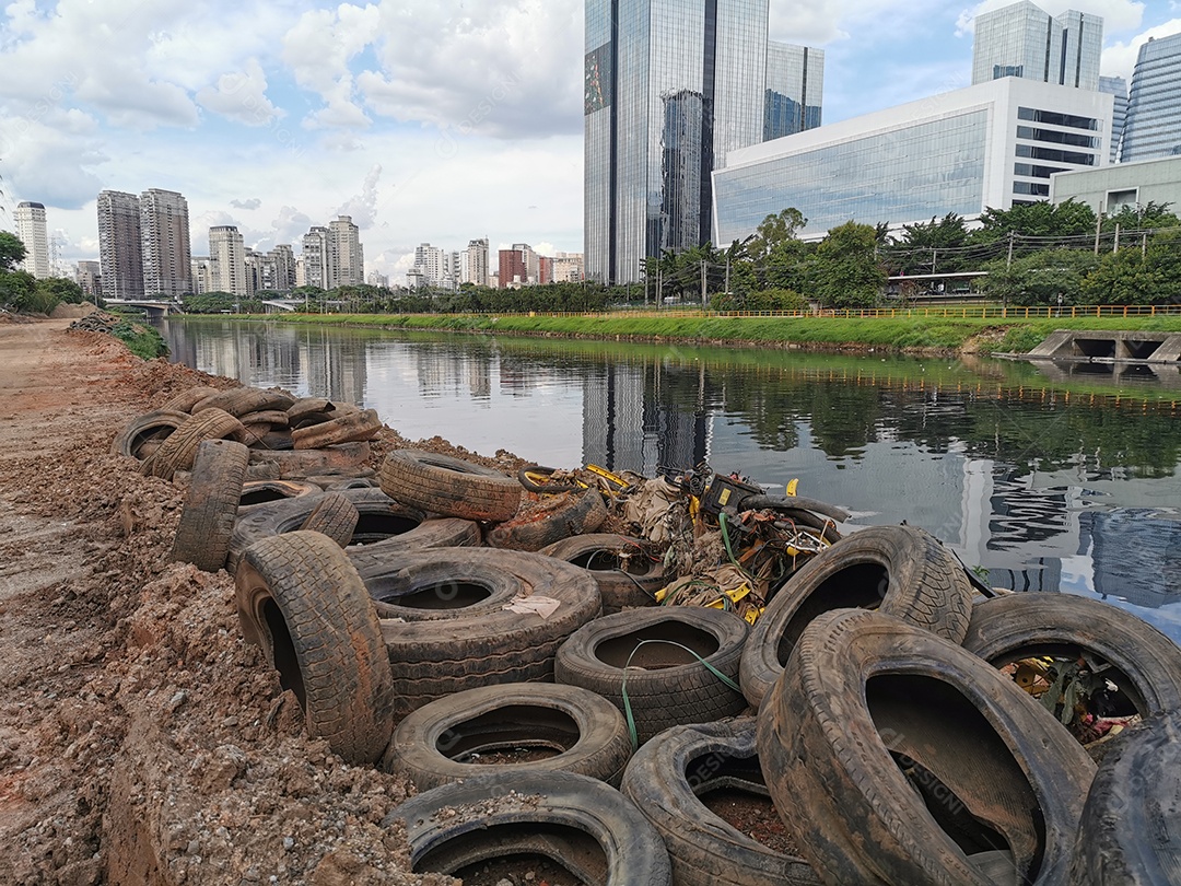 Lixo e poluição e destruição às margens do rio pinheiros