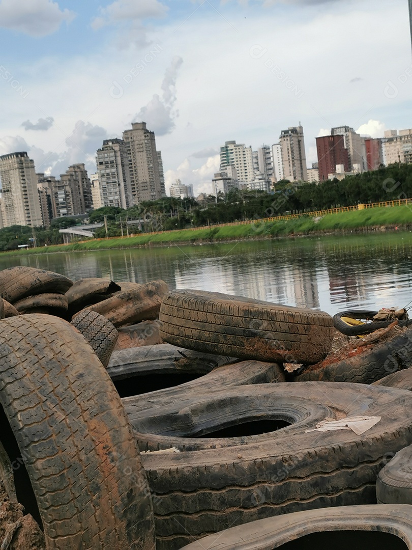 Lixo e poluição e destruição às margens do rio pinheiros
