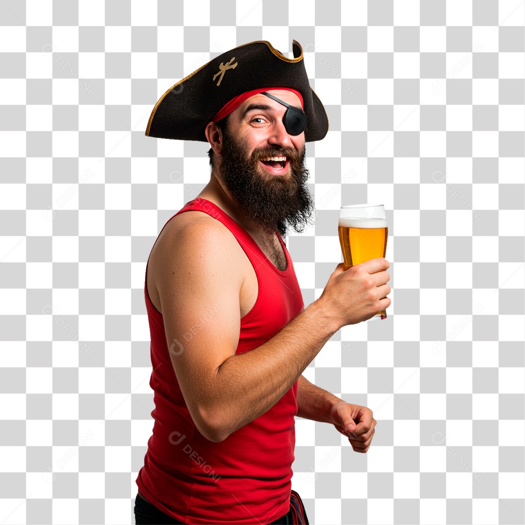 Homem Fantasiado de Pirata Segurando Copo Cerveja PNG Transparente