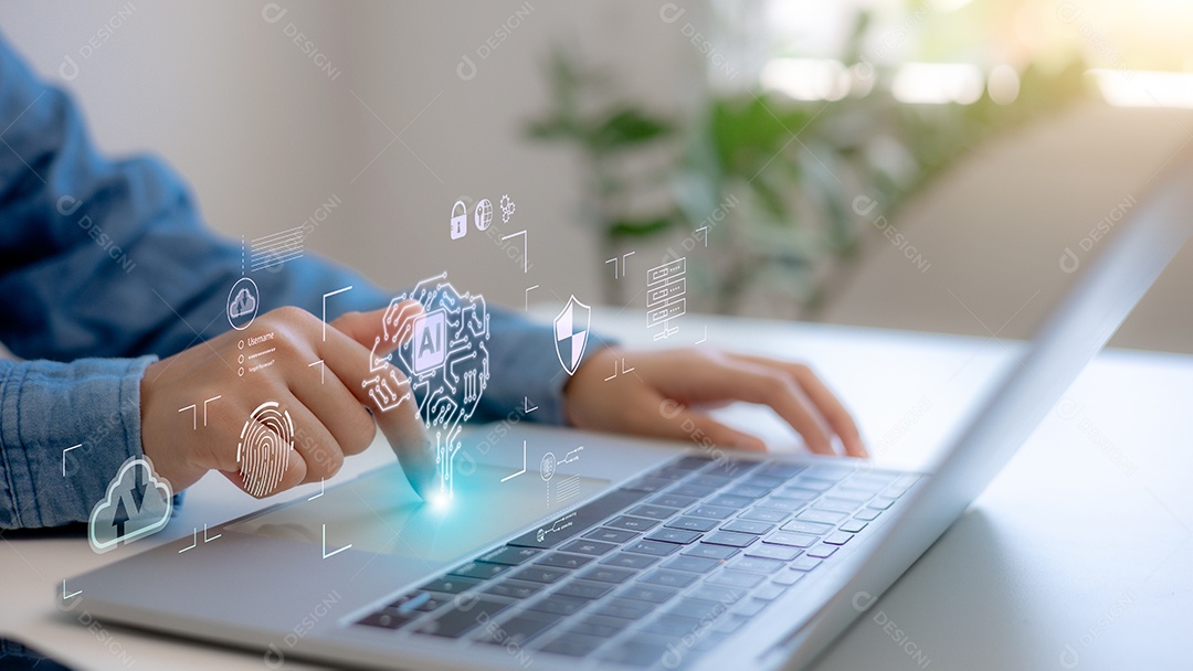 Empresário usando computador usa IA para ajudar os negócios