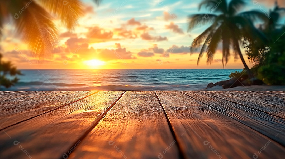 Placa de madeira de cena de praia em foco frontal