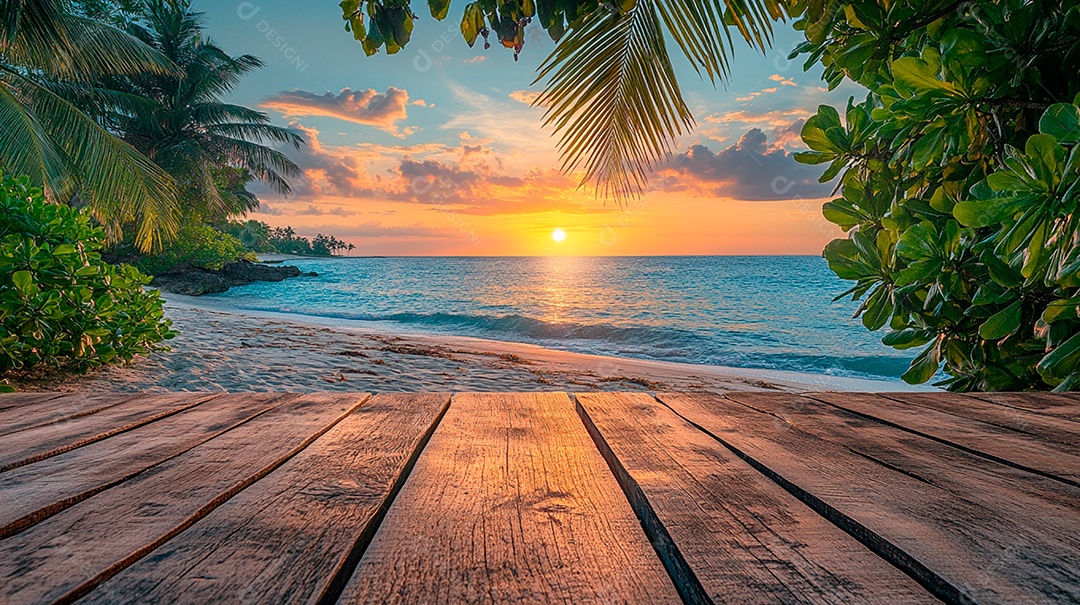 Placa de madeira de cena de praia em foco frontal