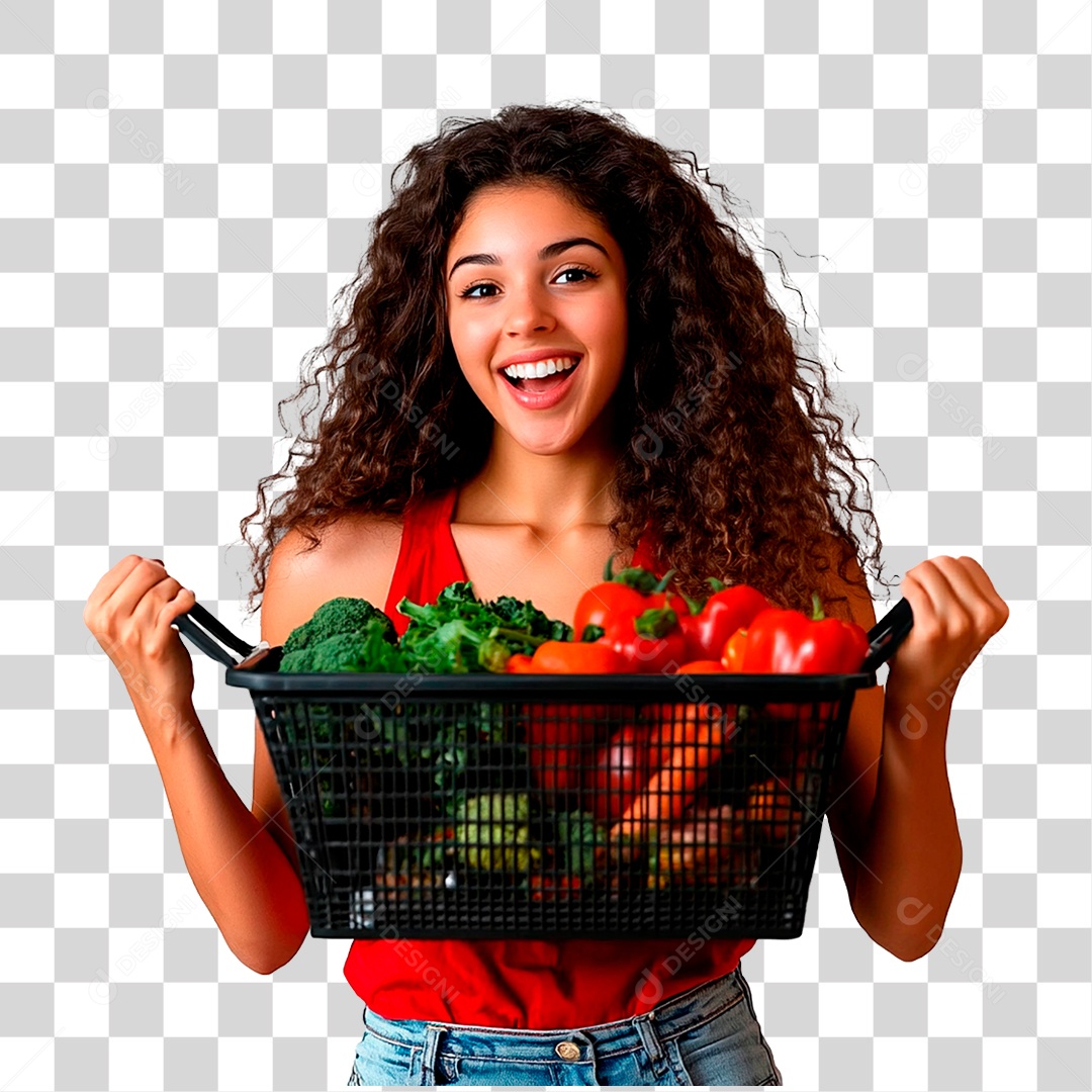 Mulher Segurando Cesta de Verdura PNG Transparente
